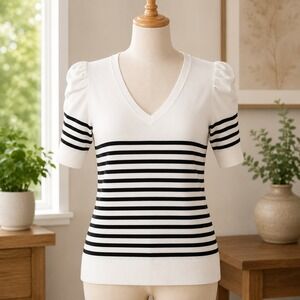 Rachel Rachel Roy Striped V-Neck Puff Sleeve Sweater Womens‎ Large White Black